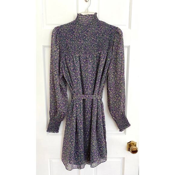 BODEN Smocked Yoke Floral Metallic Tie Waist Long Sleeve Mock Neck Dress 8 - Picture 13 of 16